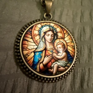 Round Lace Glass Bronze Pendant Necklace With Blessed Mother And Baby Jesus - Picture 1 of 10