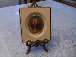 Antik 6 x 5 handbemalt Öl ovaler Rahmen Messing Ständer Jesus Dornenkrone JA - Bild 1 von 15