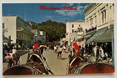 Mackinac Island MI Street Scene Horses Bicycles Downtown View Postcard - Image 1 of 2