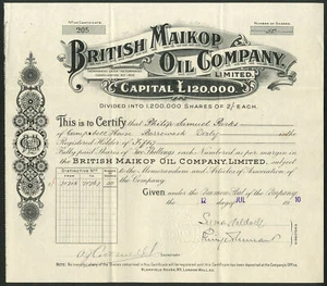 Russland: British Maikop Oil Co. Ltd., 2 Schilling Aktien, 1910 - Bild 1 von 1