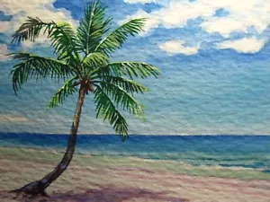 Pintura Acuarela Azul Océano Isla Palmera Naturaleza Tropical Arte ACEO - Imagen 1 de 2