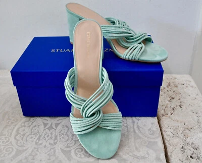 $495 Stuart Weitzman Twist Block 75 Slide High Heel Sandals 10 MINT EUCALYPTUS - Image 1 of 4