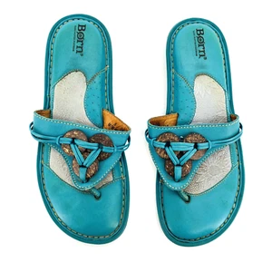 Womens 8 Born Blue Thong Flip Flops Sandals Leather Coconut Boho W4043 - Picture 1 of 12