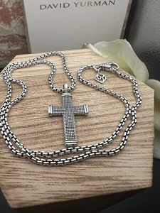 David Yurman Men's Sterling Silver Small Sky Cross Pendant & 2.7mm Box Chain 20” - Picture 1 of 14