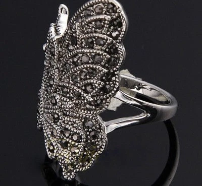 Anillo Mariposa Cristal Negro Estilo Vintage Plata Antigua Talla 8 Foto 1 de 3