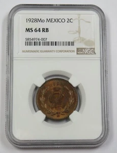 1928 Mo NGC MS64 RB Red Brown Mint State 2 Centavos 2c Mexico Coin Item #33647A - Picture 1 of 6