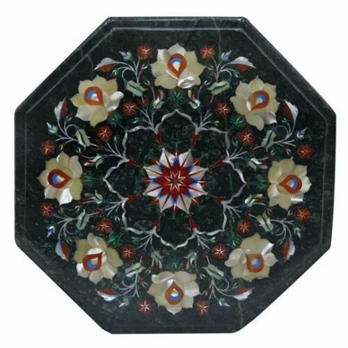 Mesa de centro central de mármol verde con incrustaciones de 12" decoración del hogar malaquita antigua Foto 1 de 4