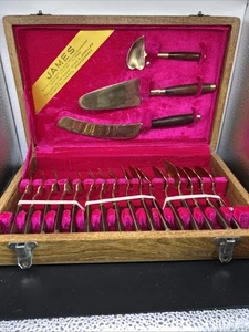 Vtg James Quality Bronze Wood Dessert Set for 8 Wooden Case Thailand Set 19 Pcs - Picture 1 of 10