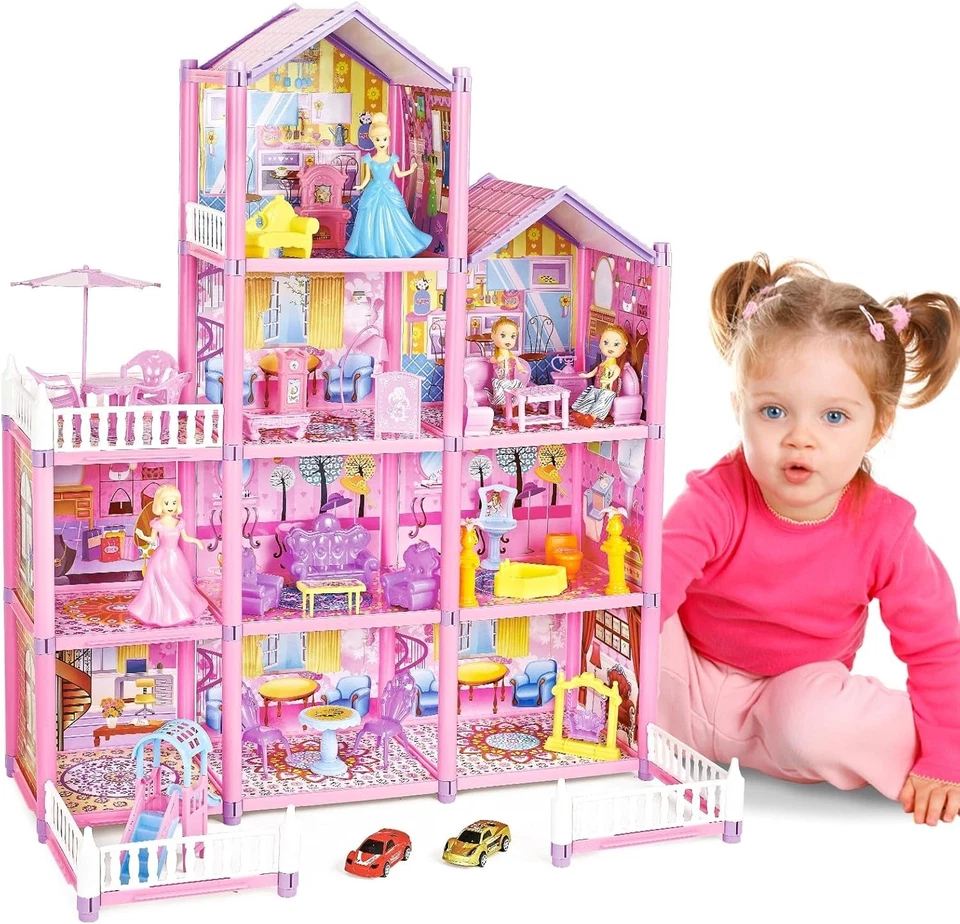 DEAO Princess Doll House,4-Story 10 Rooms Kids Play Dollhouse Playset with 2 Dolls...