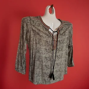 Daniel Rainn Boho Hippie Top Gr. M Langarm bestickt Borte Quasten Viskose - Bild 1 von 12