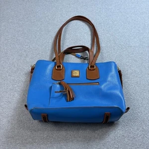 Dooney & Bourke Satchel Womens Blue Brown Leather Handbag Tassel Purse Tote Bag - Picture 1 of 17