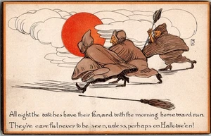 HALLOWEEN Postcard Nash series 21 Witches Running  vintage JO5 - Picture 1 of 2