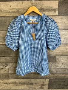Boden Womens Blouse Top UK 4 Blue Brooke Linen Gingham Check Summer Puff Sleeves - Picture 1 of 11