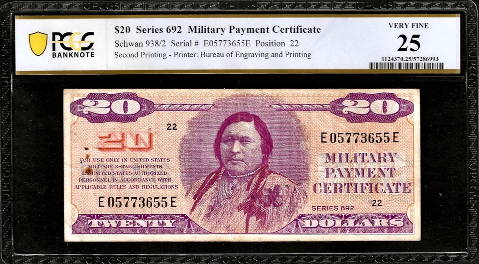 MPC Series 692 2nd Printing Military Payment Certificate $20 Dollar PCGS VF25 - Image 1 of 2