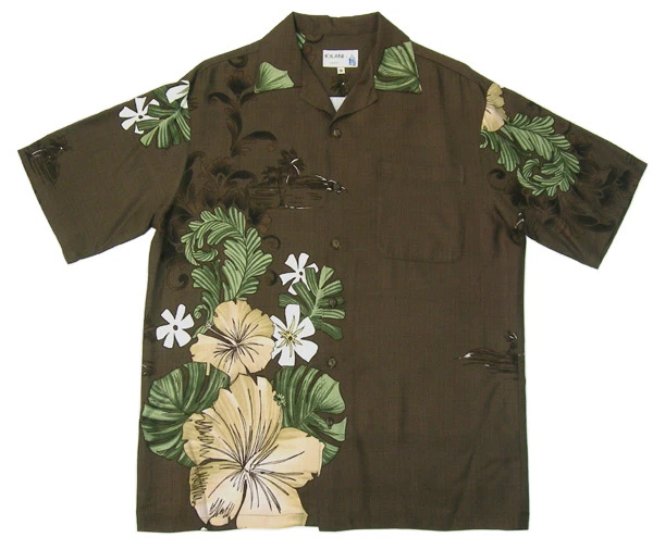 清仓夏威夷 Iolani 芙蓉花风景棕色人造丝男式衬衫-L、XL、2XL — 第 1/1 张图片