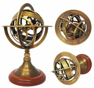 Antique Brass Armillary Desktop Astrolabe Globe Sphere Wooden Base Vintage Gift - Picture 1 of 8