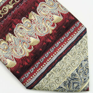 Daniel De Fasson Mens Neck Tie Red Silver Abstract Striped 59"x3.5" Hand Made