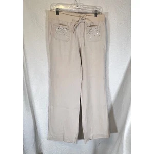 Wide Leg Linen Pants Rhinestone Pockets Drawstring Waist Casual Natural sz 10 - Picture 1 of 7