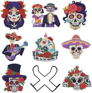 EVECLIOO 8 Piezas Día de Muertos Calavera Diamante Arte Pintura Posavasos, Flujo Mexicano - Imagen 1 de 3