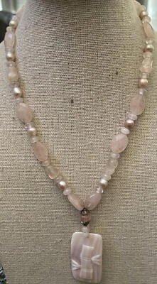 "Impresionante collar de perlas de cuarzo rosa de plata de ley con gota tallada de bambú de 16""" Foto 1 de 4