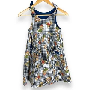 Vintage Child's Dress Bear Print Gingham Ties Jumper Girl Sleeveless Kawaii Blue - Picture 1 of 10