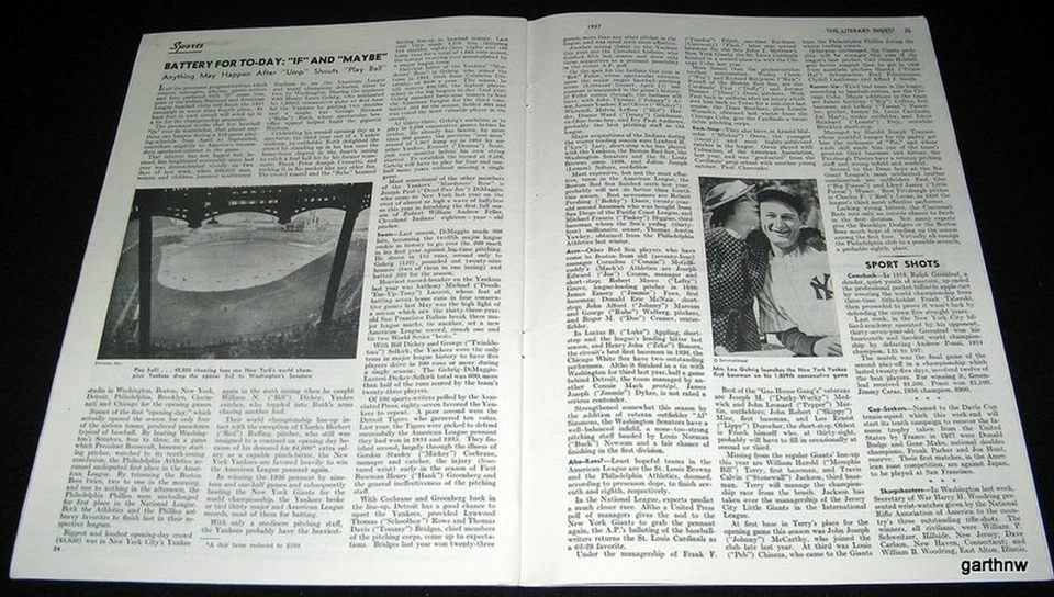 OPENING DAY 1937 MAJOR LEAGUE BASEBALL SEASON & PLAYER PREVIEW * LOU GEHRIG - Изображение 1 из 1
