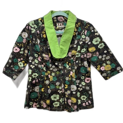 Blazer Womens sz Small Handmade Floral Short Sleeve Jacket Brown Green African - Image 1 of 4