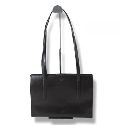 PRADA Shoulder Bag Handbag Leather Brown Kiss Lock Embossed Logo Simple Stylish - Image 1 of 4