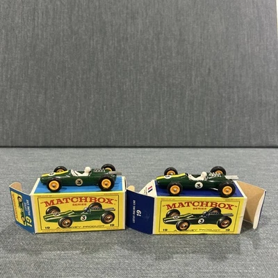 Par de Matchbox Lesney No. 19 coches de carreras Lotus en cajas originales Foto 1 de 4