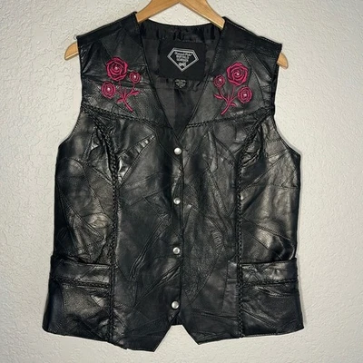 Black Leather Moto Vest Embroidered Roses Biker Gang Pockets Halloween Goth - Image 1 of 4