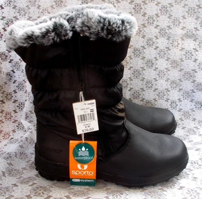 SPORTO THINSULTATE BOOT HENRIQUE, Black Double Zip Fur Trim Women's 8 M, $70 NEW - Image 1 of 4