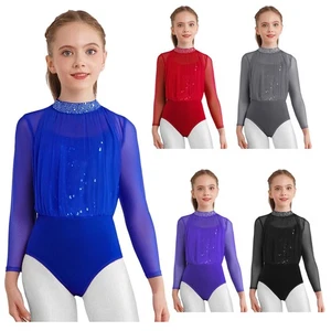 Kids Girls Figure Skating  Dance Costume Long Sleeve Sequins Sheer Mesh Leotard - Picture 1 of 71