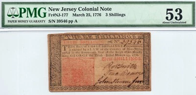 1776 New Jersey Colonial 3 Shillings Note, Fr. NJ-177 - PMG AU53! Excellent AU! - Image 1 of 4