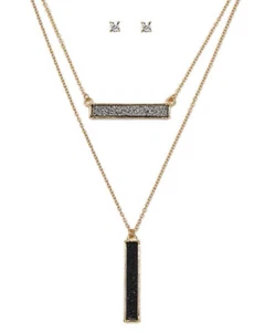 Black Double Druzy Stick Bars Yellow Plated Gold Necklace And Earring Set - Picture 1 of 1