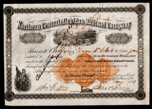 1833 - Augustus Schell - Mogul - Northern Central Michigan RR Stock Certificate - Picture 1 of 3