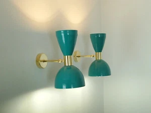 1950's Mid Century Brass Italian Diabolo Wall Sconce Light LIGHT GREEN STILNOVO - Picture 1 of 6