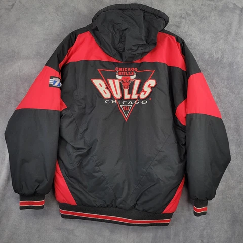 Chicago Bulls VTG Logo 7 NBA Mens Sz XL Black Red Full Zip Hooded Puffer Jacket Cover
