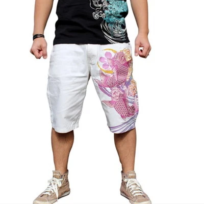 Pantalones Cortos de Verano para Hombres Patrón Japonés Bordado Jeans Denim Carpa Koi Pez Tatuaje Foto 1 de 4
