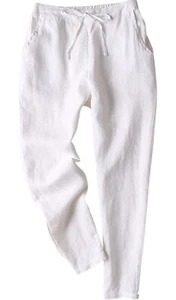 Pantalones de lino medianos para mujer IXIMO blancos con cordón cónico - Imagen 1 de 5
