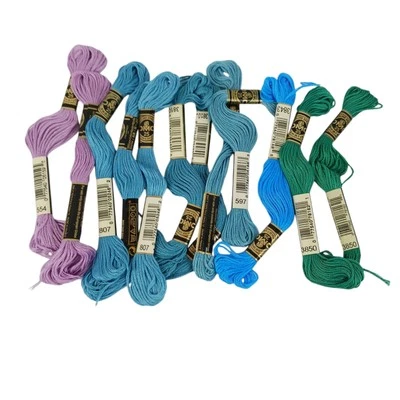Lot of 12 Skeins of DMC Thread Embroidery Floss Blues, Purple & Green - Image 1 of 3