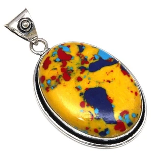 Pendant Mosaic Jasper Gemstone Handmade Gift For Her Silver Jewelry 2" - Picture 1 of 7