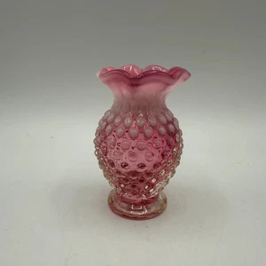 Fenton Cranberry Opalescent Hobnail Ruffled Vase, 3.75" - Picture 1 of 7