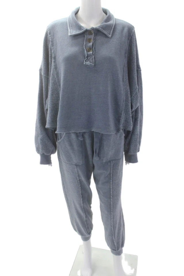 Conjunto de Calça de Moletom Pulôver Henley Vintage Havana Feminina Algodão 2 Peças Azul Tamanho G - Imagem 1 de 4