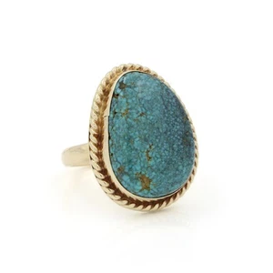 14k Yellow Gold Green Blue Bezel Set Free-Form Turquoise Ring Size 6 #JB332-1 - Picture 1 of 8