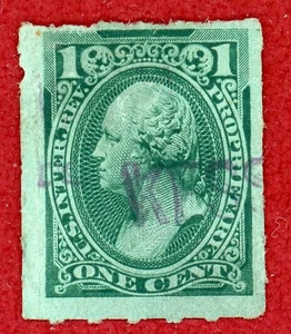 US 1875-81, #RB11c, 1c Green, Rouletted 6, Used, SCV $200.00 - Picture 1 of 2
