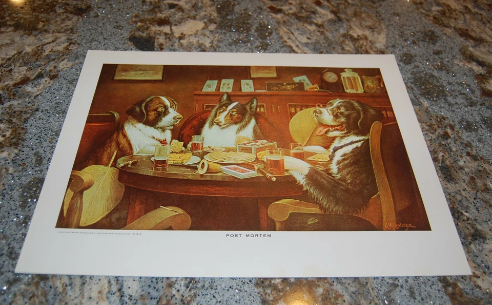 Vintage Dog Poker Art Print -"Post Mortem" by C.M. Coolidge Brown & Bigelow NOS - Image 1 of 1