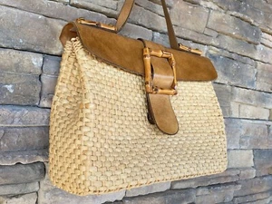 Woven Straw Boho Bamboo Accents Purse Handbag Leather Flap And Handle - Picture 1 of 15