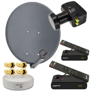 Satelliten Anlage 2 Teilnehmer 60cm SAT Schüssel Twin LNB 25m Kabel 2x Receiver - Bild 1 von 7