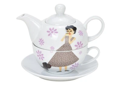 Teekanne +Tasse "Frau mit Tasse" TEA FOR ONE SET  Untertasse Teller Kännchen - Bild 1 von 2
