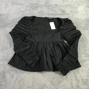 Lafayette 148 Blouse Womens Medium Top V Neck Black Runched Sleeve Casual - Picture 1 of 12